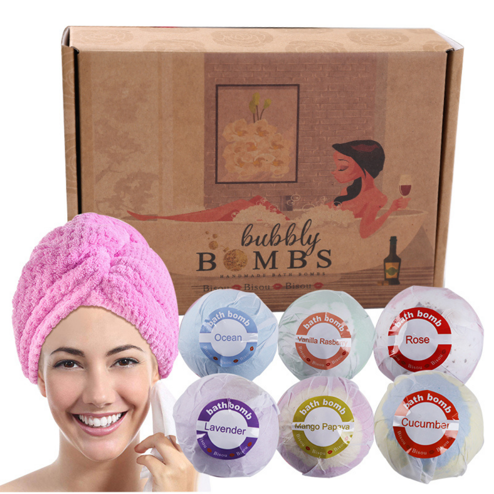 Bath Bombs Gift Set (6 Pieces) with Pink Head Wrap