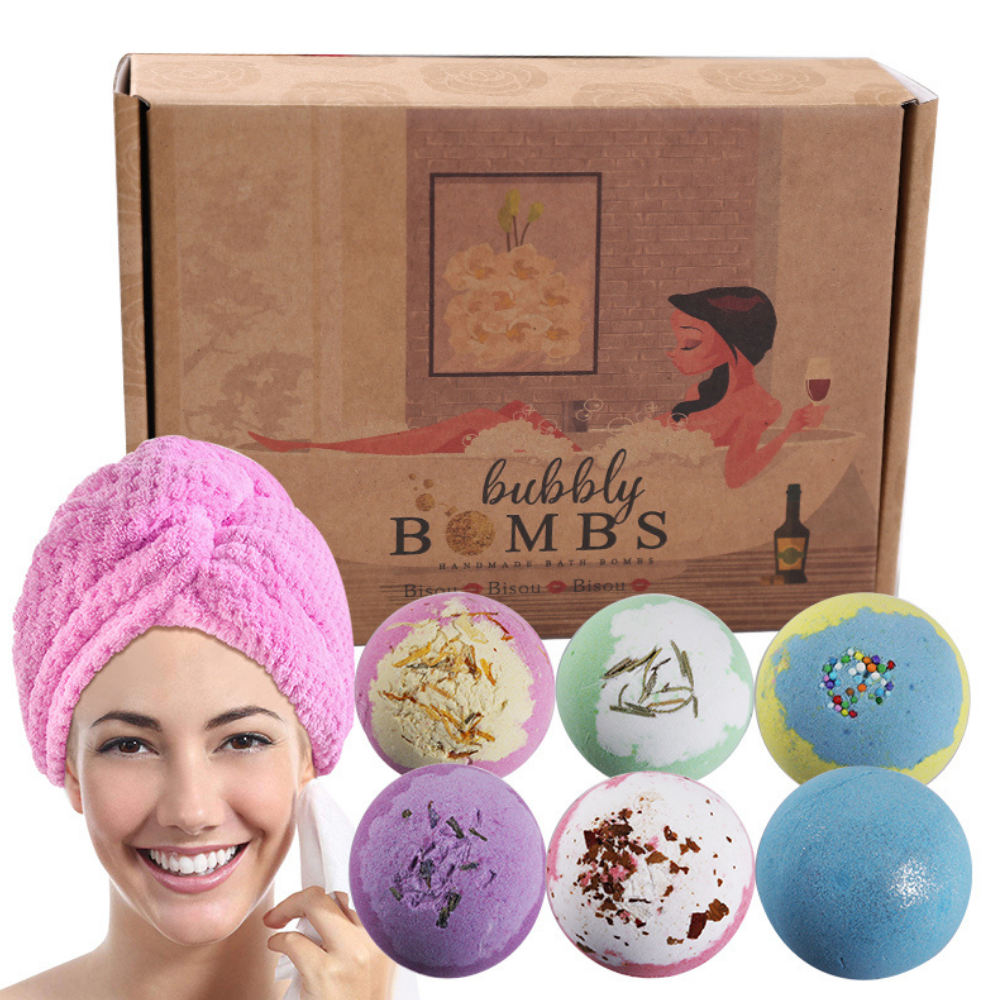 Bath Bombs Gift Set (6 Pieces) with Pink Head Wrap