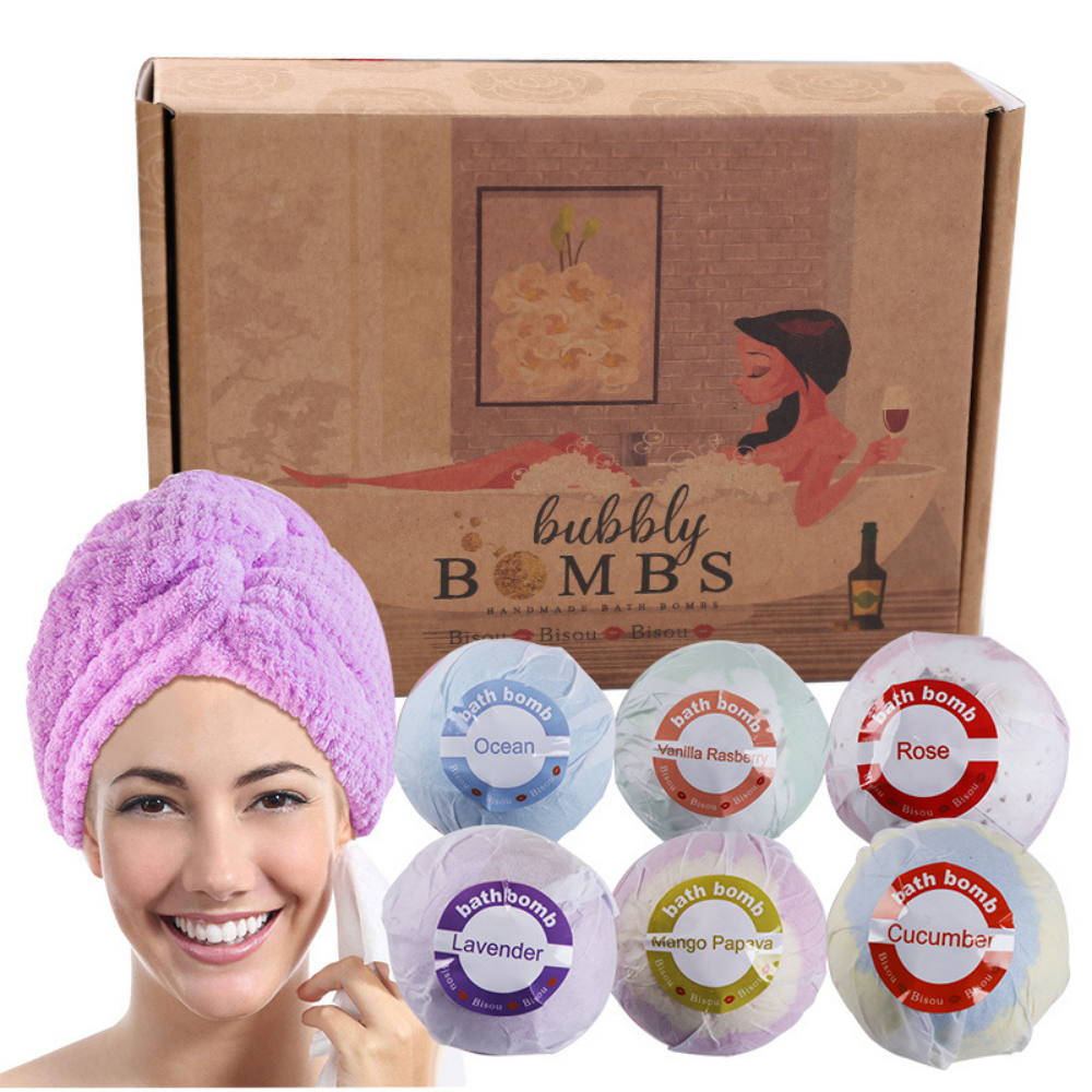 Bath Bombs Gift Set (6 Pieces) with Purple Head Wrap