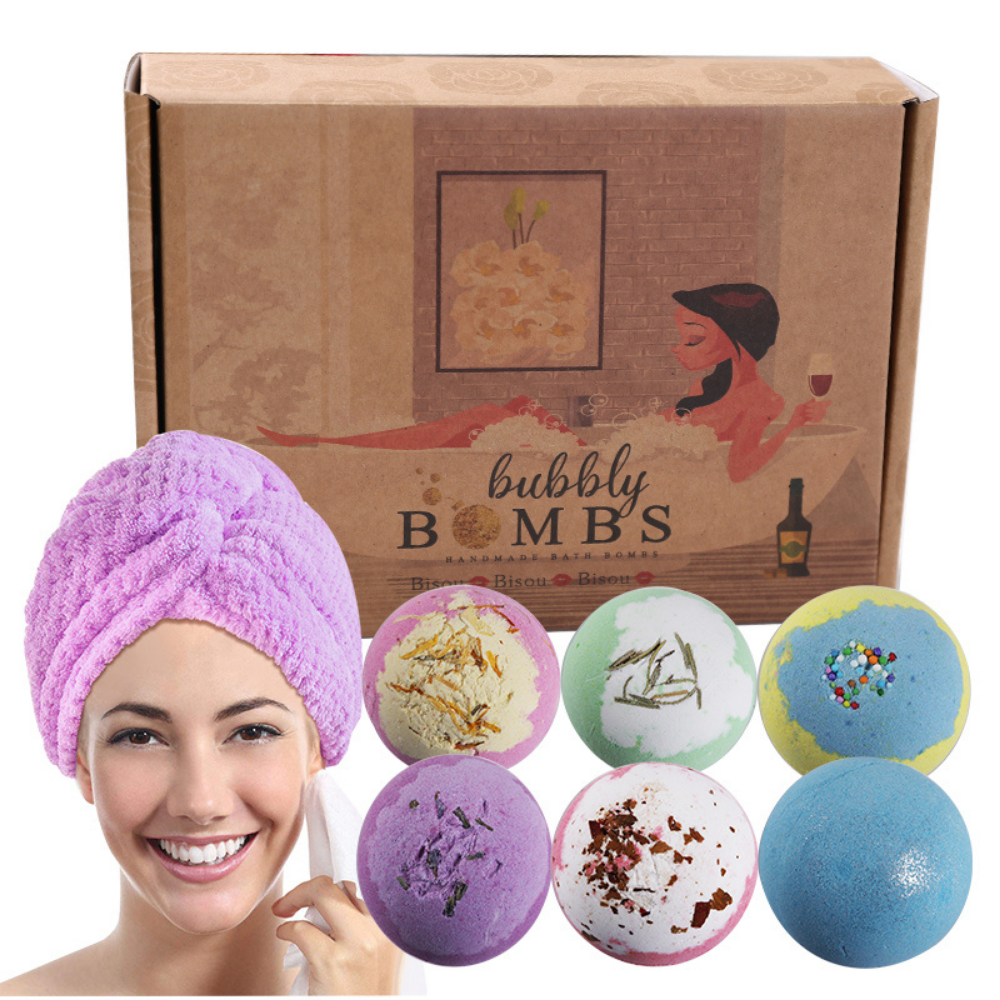 Bath Bombs Gift Set (6 Pieces) with Purple Head Wrap